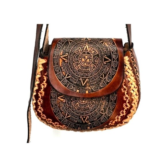 Vintage Hand Tooled Brown Leather Aztec Calendar Bag Crossbody Handmade Mexican - Picture 1 of 9